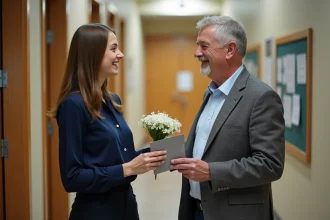 Étudiante offrant un bouquet et une carte de vœux à son professeur lors de la rentrée 2026 dans un couloir universitaire