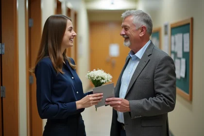 Étudiante offrant un bouquet et une carte de vœux à son professeur lors de la rentrée 2026 dans un couloir universitaire
