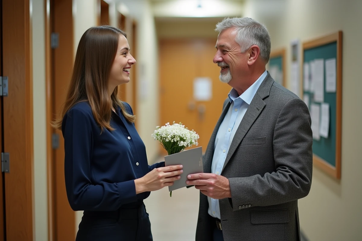 Étudiante offrant un bouquet et une carte de vœux à son professeur lors de la rentrée 2026 dans un couloir universitaire