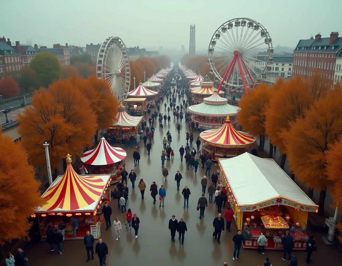 Vue aérienne de la Foire aux Manèges de Lille avec familles et manèges traditionnels en automne